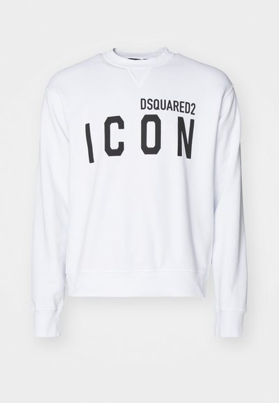 White sweatshirt featuring "DSQUARED2" and "ICON" in bold black lettering. Crew neckline with ribbed cuffs and bottom hem. Casual fit.