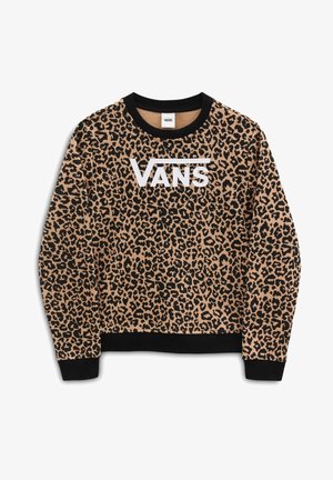 Felpa con stampa leopardata color sabbia con macchie nere, con il logo Vans bianco sul petto e polsini e colletto a coste neri.