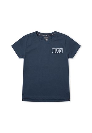 Camiseta para niños de color azul marino, de manga corta con cuello redondo y un logo gráfico blanco en el lado izquierdo del pecho que dice "WWG."