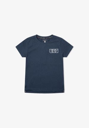 Camiseta para niños de color azul marino, de manga corta con cuello redondo y un logo gráfico blanco en el lado izquierdo del pecho que dice "WWG."