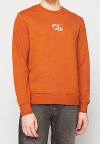 Sudadera naranja de manga larga, cuello redondo, puños y ribete acanalados. Presenta un estampado de logotipo blanco en el pecho. Tejido suave y liso.