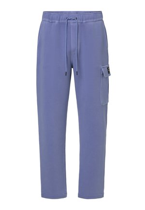 Blue casual pants with an elastic waistband, drawstring closure, and a flap pocket on the right thigh.