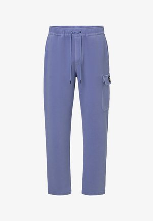 Pantaloni casual blu con vita elastica, chiusura con coulisse e tasca a patta sulla coscia destra.
