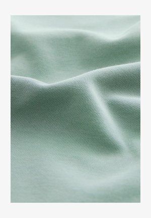 Tessuto verde chiaro con una superficie liscia, leggermente testurizzata e una sottile elasticità, caratterizzato da pieghe delicate e una caduta morbida.