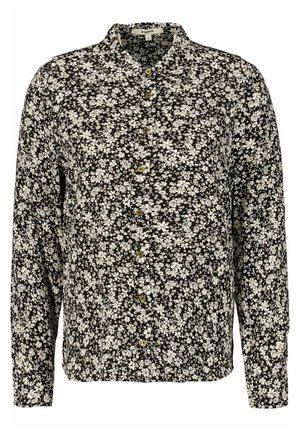 Zwarte blouse met lange mouwen en wit bloemenpatroon, aan de voorkant met knopen en een klassieke kraag, maat small van Garcia.