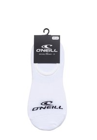 Chaussettes de sneaker blanches avec un design à coupe basse, tissu texturé et un logo "O'Neill" noir imprimé sur le dessus. Emballées avec une étiquette noire.