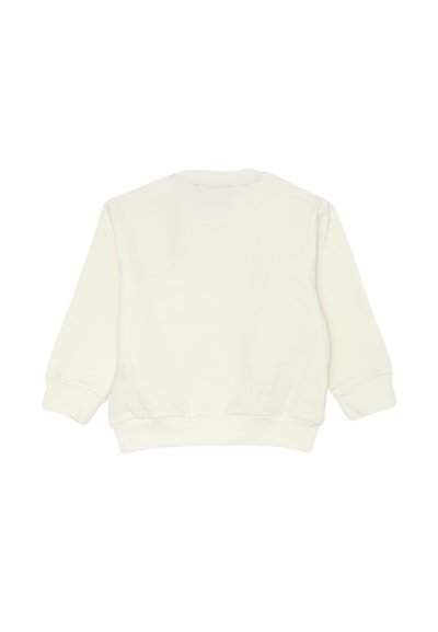 Felpa a maniche lunghe color crema con scollo tondo, dotata di polsini e orlo a costine, mostrata dal retro su uno sfondo bianco.