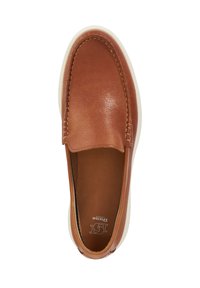 Brown leather slip-on shoe with rounded toe, white rubber sole, and visible stitching along the upper edge. Smooth texture and simple design.