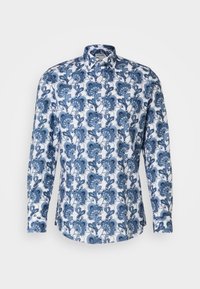 En knapp-up skjorta med en blå blommig design på en vit bakgrund, tillverkad av lättviktsmaterial med lång ärm.