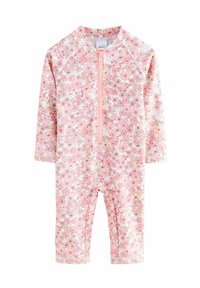 Šviesiai rožinė gėlių raštuota suknele su ilgomis rankovėmis ir priekiu užtraukiama užtrauktuku. Pati sveišios gėlės raštas visame gaminyje rožinėse ir baltose spalvose.