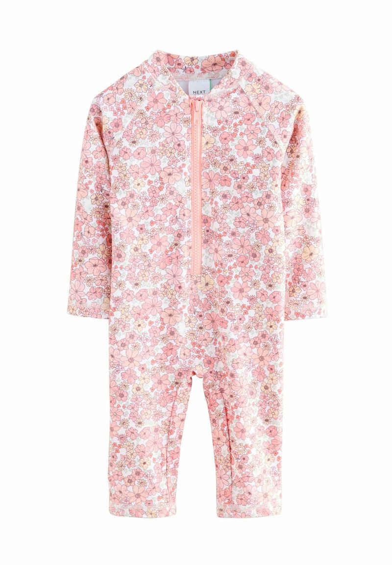 Šviesiai rožinė gėlių raštuota suknele su ilgomis rankovėmis ir priekiu užtraukiama užtrauktuku. Pati sveišios gėlės raštas visame gaminyje rožinėse ir baltose spalvose.