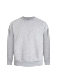 Sweatshirt gris clair avec un col rond, des manches longues, des poignets et une taille côtelés. Marquage subtil sur la poitrine. Texture de tissu douce.