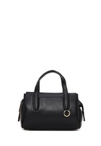 Black leather handbag with double handles, rectangular shape, side zippers, and a small gold ring detail on the front strap.