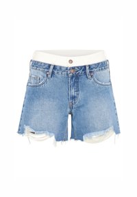 Džíny šortky světle modré s třepícími okraji, s bílým pasem, dvěma předními kapsami a knoflíkovým zapínáním.