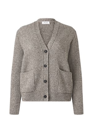 Grau gestrickte Strickjacke mit V-Ausschnitt, Knopfverschluss und zwei vorderen Taschen. Rippstruktur mit weichem Aussehen.