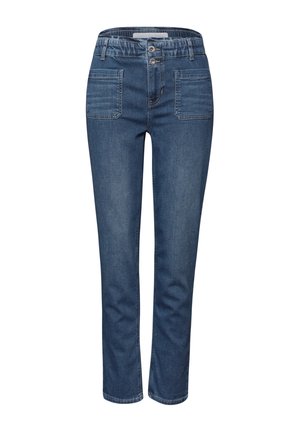 Blaue Denim-Jeans mit elastischem Bund, ausgestattet mit zwei Fronttaschen und einem geraden Bein. Glatte Textur und klassischer Schnitt.