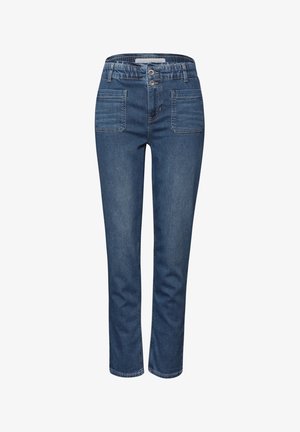 Niebieskie jeansy dżinsowe z elastycznym pasem, posiadające dwie kieszenie z przodu i prostą nogawkę. Gładka tekstura i klasyczny krój.