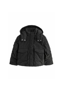Schwarze Pufferjacke mit Kapuze, ausgestattet mit einem Frontreißverschluss, Druckknöpfen und zwei großen Fronttaschen. Texturiertes Material mit gerafften Ärmeln.