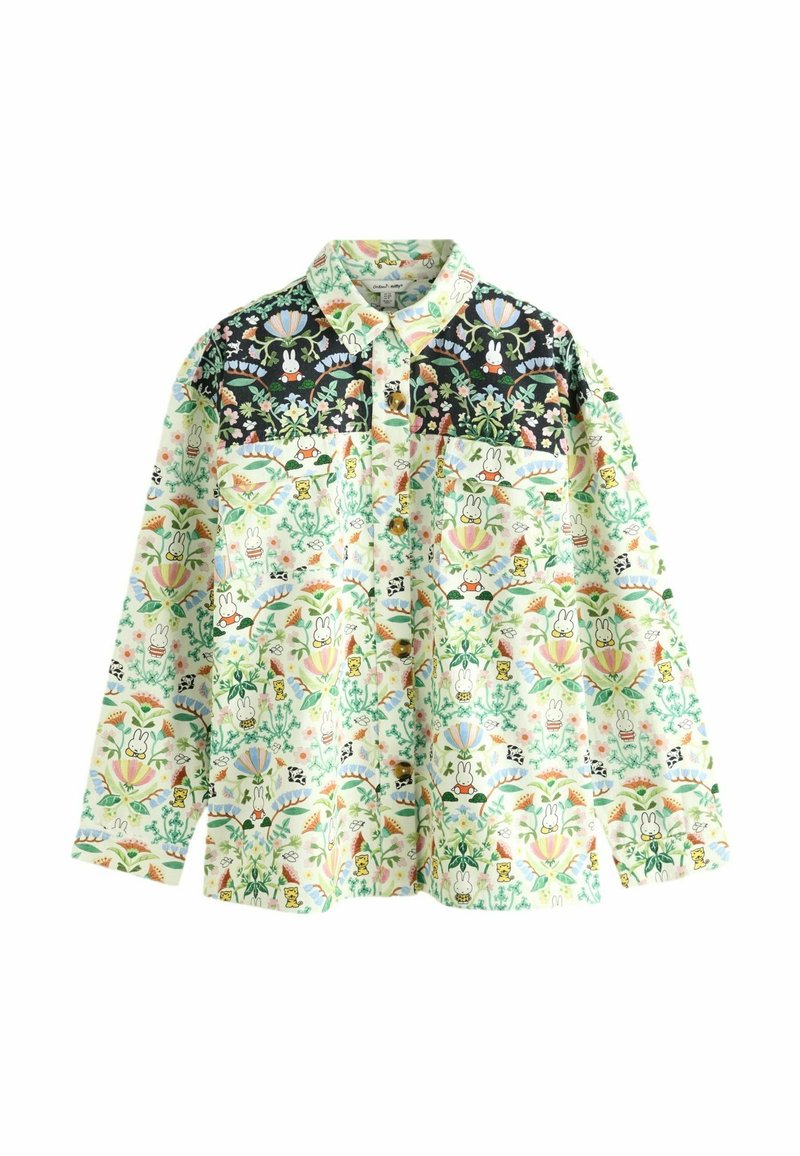 Langarmshirt met een bloemen- en cartoonpatroon in groen, roze en zwart. Inclusief twee borstzakken en een kraag.