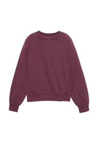 Felpa bordeaux, morbido misto cotone, scollatura a girocollo a costine, maniche raglan e polsini elasticizzati, caratterizzata da un taglio corto e rilassato.