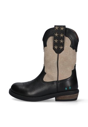 Zwarte leren cowboylaarzen met beige suède accenten, sterdetails op de hieltab en hartvormige perforaties aan de zijkanten.