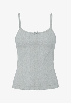 Lysegrå ribbet camisoletop med tynde stropper og en lille dekorativ sløjfe ved den midterste halslinje.