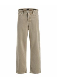Jeans de pierna ancha color beige, hechos de algodón. Presentan un cierre de botón y cremallera, cinco bolsillos y un sutil detalle texturizado en la tela.