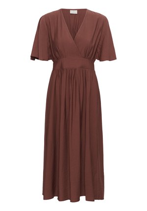 Vestido midi marrón con escote en V, mangas cortas anchas, cintura ajustada y falda fluida con frunces.