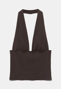 Haut sans manches marron foncé avec col halter, profond décolleté en V et tissu froncé sous la poitrine, étalé à plat sur un fond blanc.