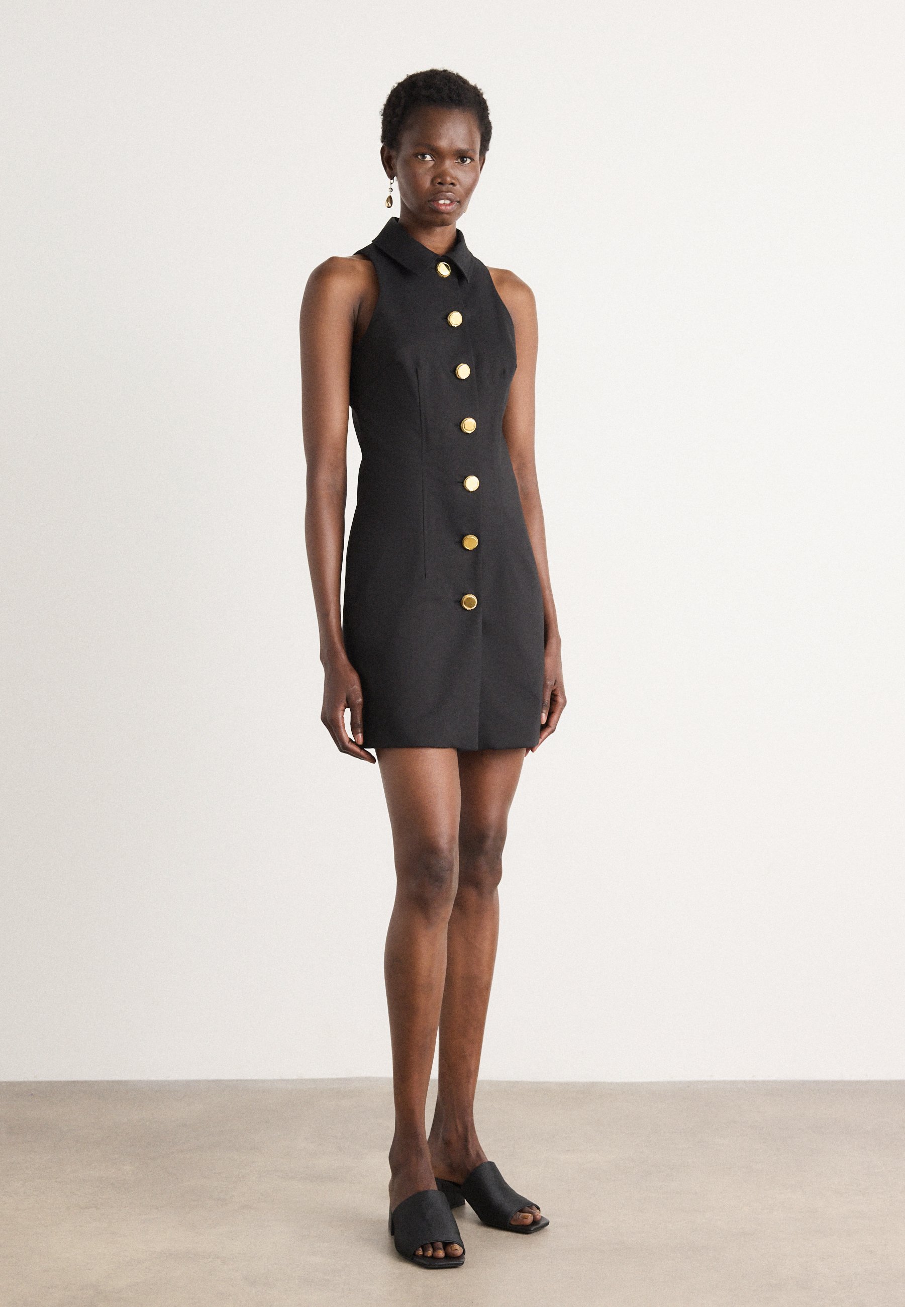 black dress with gold buttons down the front Be Designer Black Gold Button Long Sleeve Blazer Mini Dress