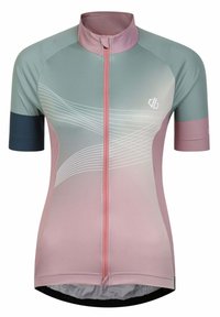 Korte mouw fietsen jersey in licht teal en roze, met een rits aan de voorkant, gebogen witte lijnpatronen en een strakke pasvorm.