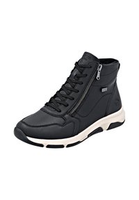 Black leather high-top shoe with a textured finish, featuring a front lace-up design and side zipper, and a white textured sole.