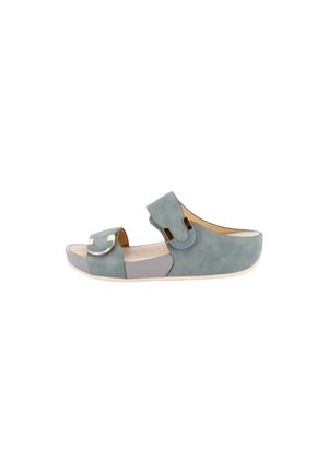 Sandalo slip-on da donna in blu opaco con due cinturini regolabili e tacco leggermente rialzato su sfondo bianco.
