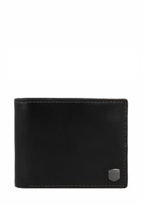 Portefeuille en cuir noir avec des coutures marron, de forme rectangulaire, et un petit logo en métal accent sur le coin inférieur droit. Texture lisse.