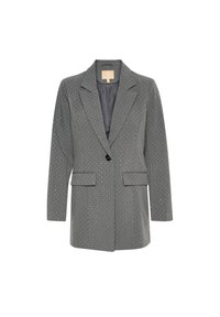 Pelēks žakets ar baltām punktiņām, ar izgrieztiem uzgaļiem, viena pogas aizdare, divi priekšējie kabatas un garām piedurknēm. Iekšpuse ar oderi.