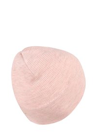 Striped beanie hat in soft pink and white fabric. Rounded top with a snug fit. Ribbed texture, seamless construction, and no visible hardware.