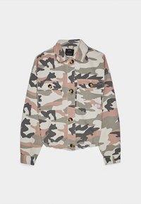 Giacca mimetica in tonalità tenui di verde, beige e rosa. Caratterizzata da due tasche sul petto, chiusure a bottone e un orlo elastico corto.