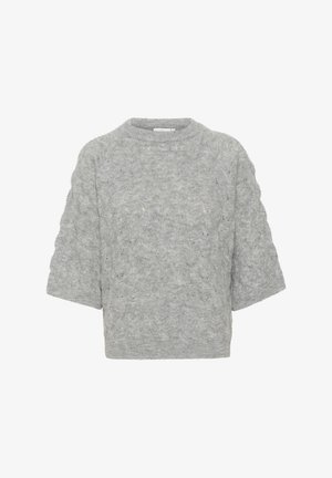 Grauer Strickpullover mit kurzen Ärmeln, der ein strukturiertes Muster und einen runden Halsausschnitt aufweist. Der Stoff scheint weich und leicht flauschig zu sein.