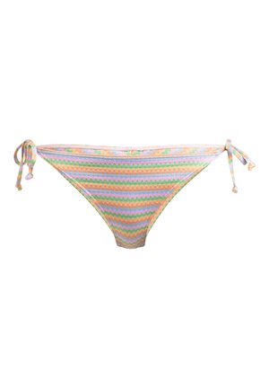 Bunt gemusterte Bikinihose mit einem Zickzack-Muster in sanften Pastelltönen von Pink, Grün, Gelb und Blau, mit verstellbaren Bindebändern an jeder Seite.