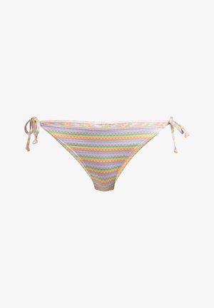 Bas de bikini multicolore avec un motif zigzag en teintes pastels de rose, vert, jaune et bleu, avec des fermetures à lien ajustables de chaque côté.