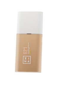 Foundationflaske med en beige væske, cylindrisk form, hvidt låg, sølvdetaljer, mærket "621 THE EVERY SINGLE DAY FOUNDATION SPF 10."