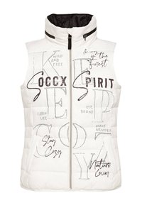 Weißer Pufferwesten mit hohem Kragen, bedrucktem Text in Schwarz und Grau. Reißverschluss vorne und zwei seitliche Taschen, gestepptes Muster.