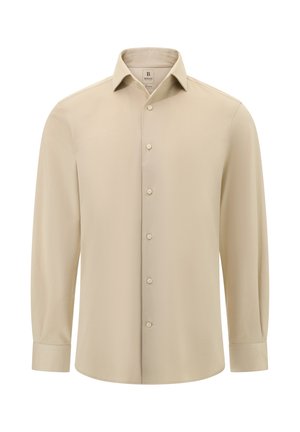 Beige langemouw overhemd met een klassieke kraag, knoopsluiting aan de voorkant en rechte manchetten. Gladde stof met een zachte textuur.