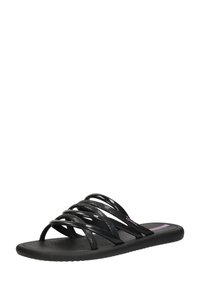 Des sandales noires à semelle plate en caoutchouc, dotées de plusieurs lanières croisées en matériau texturé. Présente un logo discret sur la semelle intérieure.