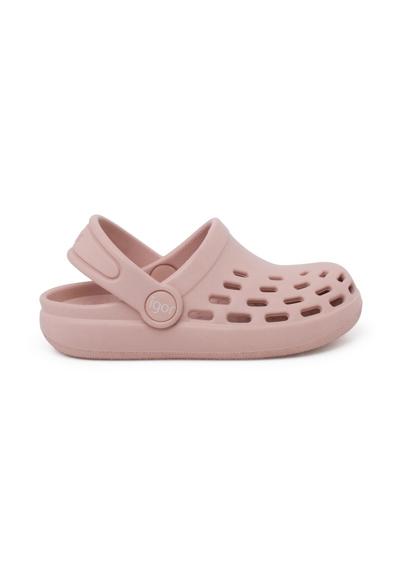 Zoccoli di gomma rosa con fori di ventilazione, cinturino posteriore, punta rotonda e suola strutturata. Marchio visibile sul lato.