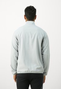 Hellgraue Windjacke mit langen Ärmeln, Stehkragen, elastischen Bündchen und glatter Textur. Keine sichtbaren Logos oder Muster.
