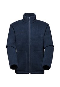 Fleece jacket in navy blue with high collar, full zip, two front pockets, and "MAMMUT" logo. Soft texture and long sleeves.