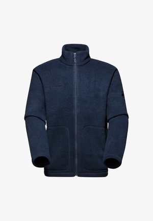 Giacca in pile di colore blu navy con colletto alto, zip completa, due tasche frontali e logo "MAMMUT". Texture morbida e maniche lunghe.