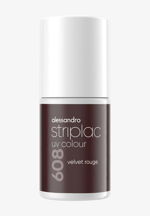 Flacon Alessandro Striplac UV Color en forme cylindrique, avec un dessus blanc et une base bordeaux foncé ornée d'accents argentés, étiqueté "Velvet Rouge".