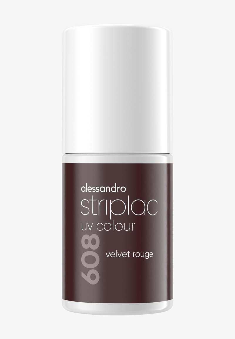 Alessandro Striplac UV-kleurfles in cilindervorm, voorzien van een witte bovenkant en een donker bordeauxrode basis met zilveren accenten, met het label "Velvet Rouge".